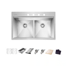Zero Radius 33 in. Drop-In 50/50 Double Bowl 18 Gauge Stainless Steel Kitchen Sink with Accessories