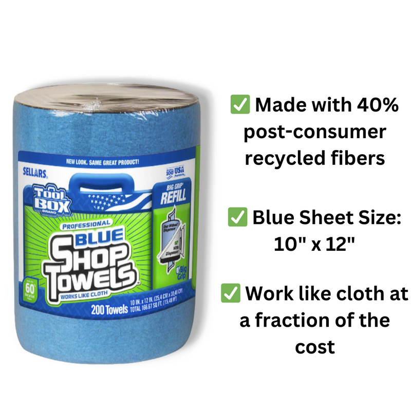 TOOLBOX Big Grip Bucket Refill, 10"x12" Blue Shop Towels Refill, 200-Count