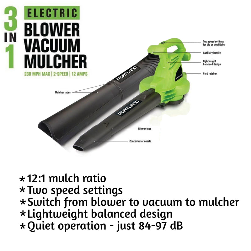 Leaf Blower 3-in-1 Electric Lightweight Corded Vacuum Mulcher 230MPH/12 AMP/2 Speed Blower_Green
