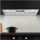 30 inch stainless steel range hood installed above kitchen stove with LED lighting