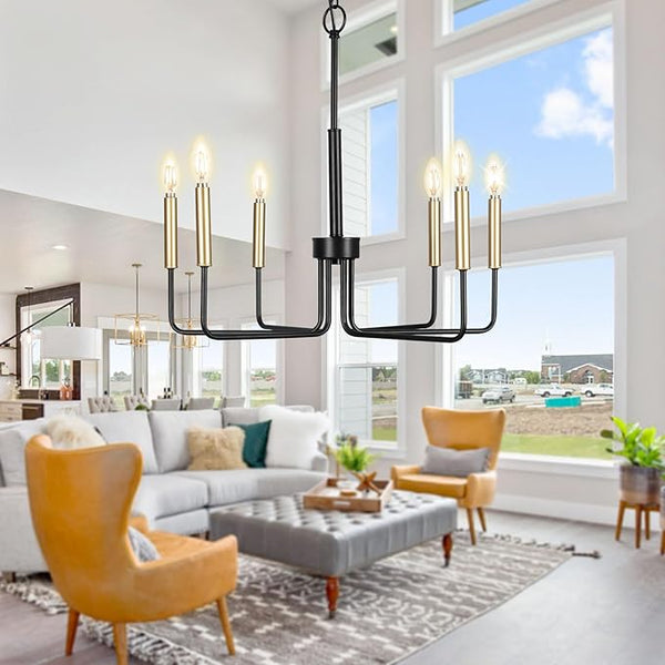 Candle Ceiling Pendant Light Fixture - 6-Light Gold Farmhouse Industrial Pendant Lighting, Rustic Hanging Lighting Kitchen Island Chandelier for Dining Room Kitchen Foyer Entryway Living Room