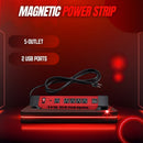 Magnetic Power Strip 5 Outlet Heavy Duty Metal Housing With 2 USB Ports_Red