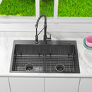 Black double bowl kitchen sink with faucet in modern kitchen
