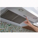 Café smart range hood underside control panel with fan and light buttons for easy operation