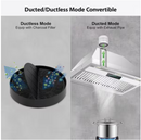 Convertible ducted and ductless insert range hood installation with charcoal filter system
