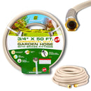 Heavy Duty 3/4 x 50 ft Garden Hose coiled with green label showing product specifications