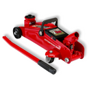 Heavy duty steel floor jack close-up showing wheels, pump system and durable hydraulic components