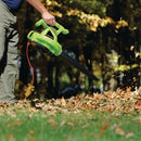 Lightweight electric leaf blower in yard cleaning action