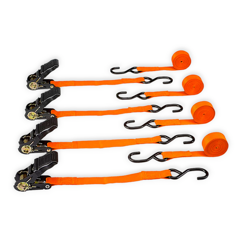 Heavy Duty 1 Inch x 15 Feet Ratcheting 400lb Capacity Orange Tie Downs, 4-Pack