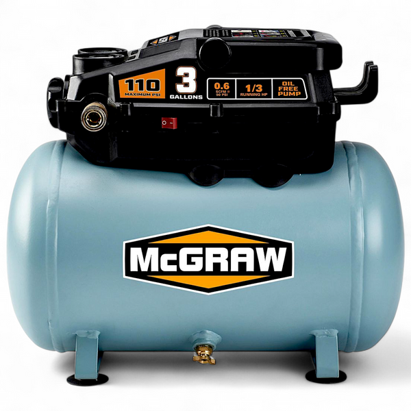 MCGRAW 3 Gallon 110 PSI Oil-Free Light-Duty Air Compressor with - Perfect for Cleaning, Inflation, Stapling, and Nailing