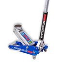 Pittsburgh hydraulic floor jack with long handle, wheels, and blue silver design for automotive lifting