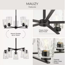 Mauzy Collection 5-Light Matte Black Transitional Chandelier with Clear Water Glass Shade for Dining Room