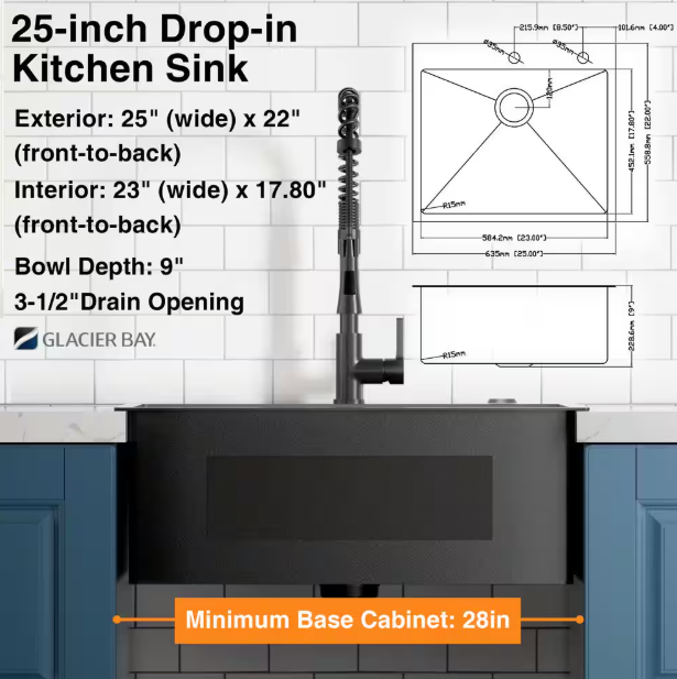 25 in. Drop-in Single Bowl 18 Gauge Black Stainless Steel Kitchen Sink