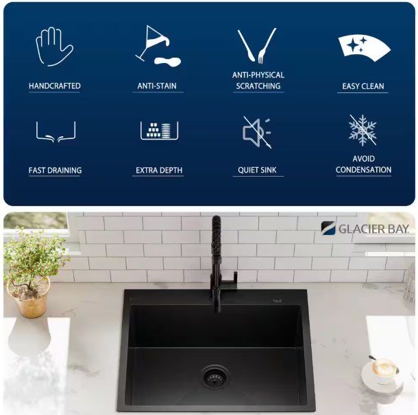 25 in. Drop-in Single Bowl 18 Gauge Black Stainless Steel Kitchen Sink