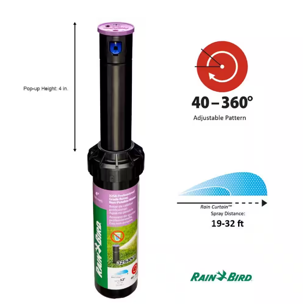 Rain Bird 32SA 4 in. Pop-Up Gear-Drive Rotor Non-Potable Sprinkler with Purple Cap, 40-360 Degree Pattern, Adjustable 19-32 ft.