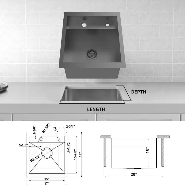 Zero Radius 17 in. Undermount 18G Stainless Steel Single Bowl Workstation Bar Sink with Folding Faucet