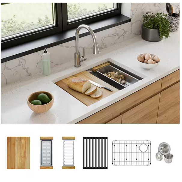 Elkay Crosstown 26 in. Undermount Single Bowl 18-Gauge Stainless Steel Kitchen Workstation Sink Kit w/Accessories