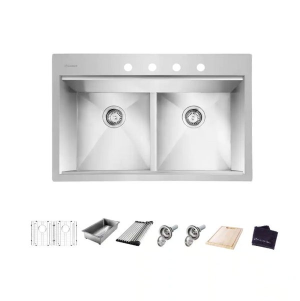 Zero Radius 33 in. Drop-In 50/50 Double Bowl 18 Gauge Stainless Steel Kitchen Sink with Accessories