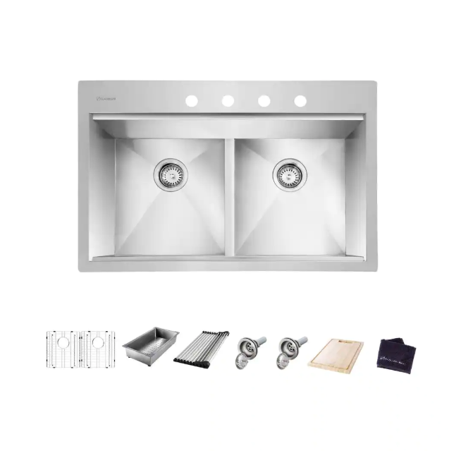 Zero Radius 33 in. Drop-In 50/50 Double Bowl 18 Gauge Stainless Steel Kitchen Sink with Accessories