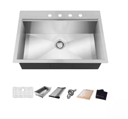 Glacier Bay Zero Radius 27 in. Undermount Single Bowl 18 Gauge Stainless Steel Kitchen Sink with Accessories