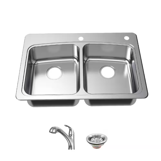 Glacier Bay 33 in. Drop-In 50/50 Double Bowl 20 Gauge Stainless Steel Kitchen Sink with Pull-Out Faucet