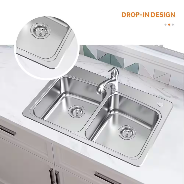 Glacier Bay 33 in. Drop-In 50/50 Double Bowl 20 Gauge Stainless Steel Kitchen Sink with Pull-Out Faucet