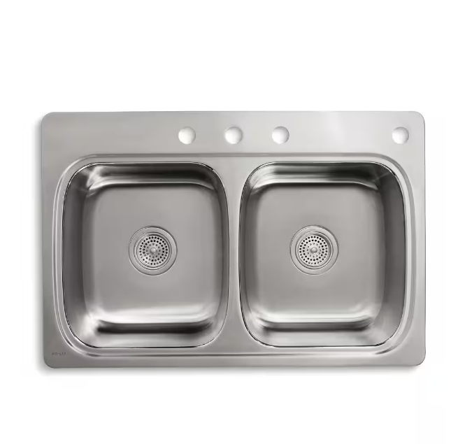 KOHLER Verse 33 in. Drop-in Double Bowl 20 Gauge Stainless Steel Kitchen Sink with 4-Holes