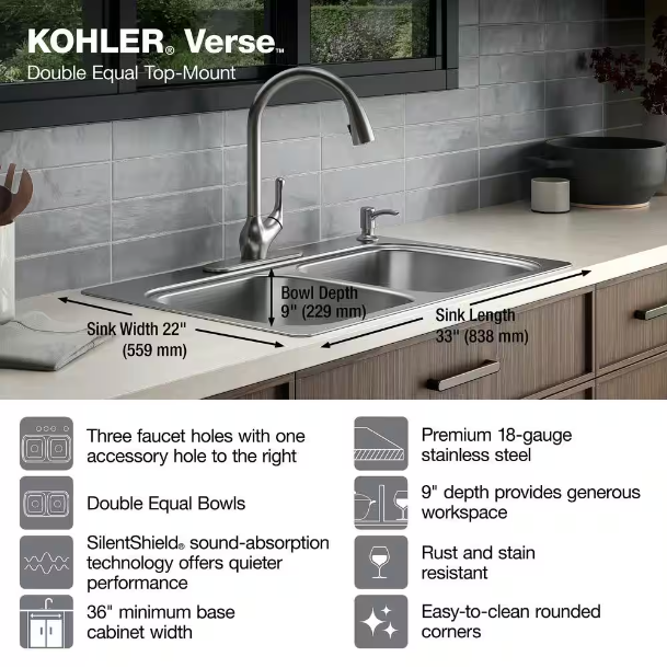 KOHLER Verse 33 in. Drop-in Double Bowl 20 Gauge Stainless Steel Kitchen Sink with 4-Holes