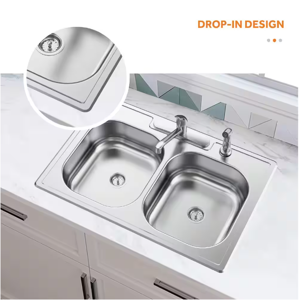 Glacier Bay 33 in. Drop-In 50/50 Double Bowl 20 Gauge Stainless Steel Kitchen Sink with Faucet and Sprayer