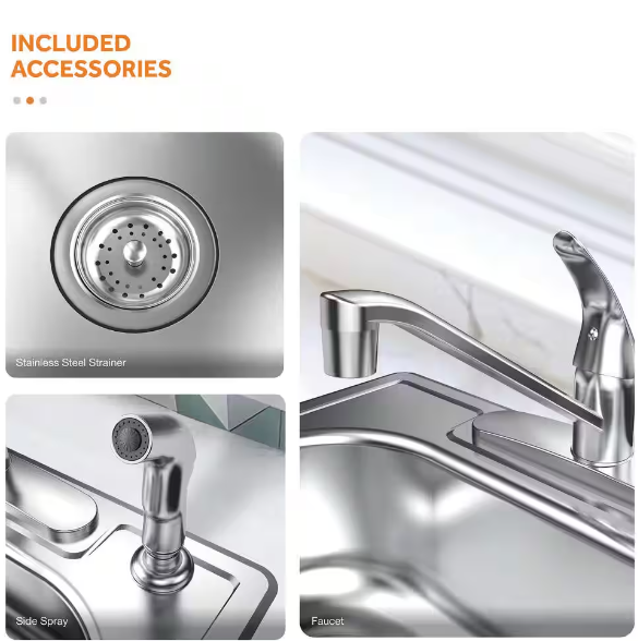 Glacier Bay 33 in. Drop-In 50/50 Double Bowl 20 Gauge Stainless Steel Kitchen Sink with Faucet and Sprayer