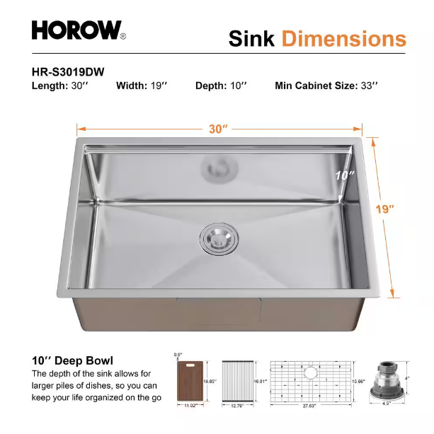 HOROW 16G Stainless Steel 30 in. Single Bowl Undermount Workstation Kitchen Sink with Cutting Board, Bottom Grid, Strainer Reviews  100%  of Customers Recommend Overall Ratings 5  3  4  1  3  0  2  0  1  0