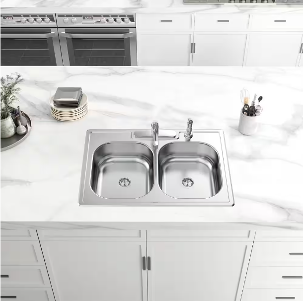 Glacier Bay 33 in. Drop-In 50/50 Double Bowl 20 Gauge Stainless Steel Kitchen Sink with Faucet and Sprayer