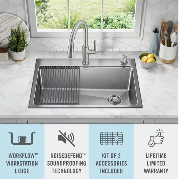 Delta Emery Stainless Steel 30 in. Single Bowl Undermount/Drop-In Workstation Kitchen Sink with Accessories