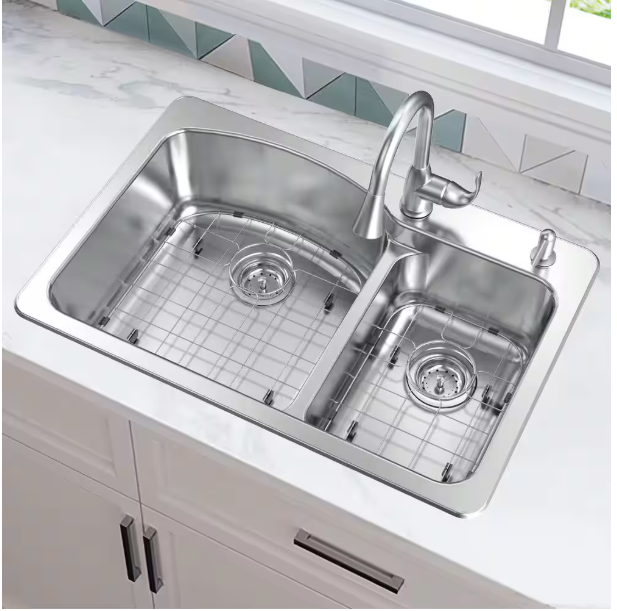 Glacier Bay Bratten 33 in. Drop-In 60/40 Double Bowl 18 Gauge Stainless Steel Kitchen Sink with Pull-Down Faucet