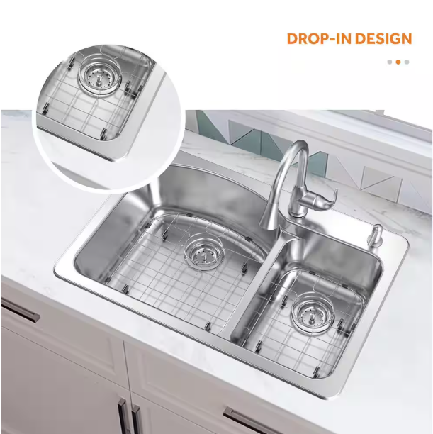 Glacier Bay Bratten 33 in. Drop-In 60/40 Double Bowl 18 Gauge Stainless Steel Kitchen Sink with Pull-Down Faucet