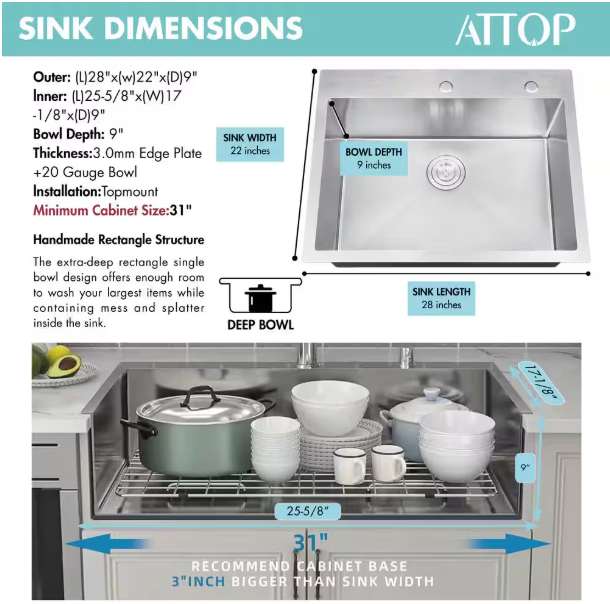 Attop Handmade Stainless steel 28 in. Single Bowl Top Mount Scratch-Resistant Nano Drop-in Kitchen Sink With Bottom Grid