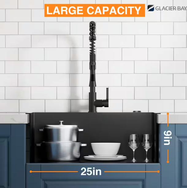 25 in. Drop-in Single Bowl 18 Gauge Black Stainless Steel Kitchen Sink