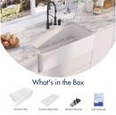 Eridanus Denbigh White Fireclay 36 in. x 18 in. Farmhouse Apron Single Bowl Kitchen Sink with Bottom Grid and Basket Strainer (Local Pickup Only)