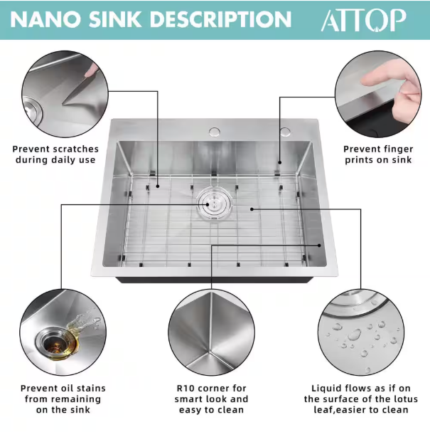 Attop Handmade Stainless steel 28 in. Single Bowl Top Mount Scratch-Resistant Nano Drop-in Kitchen Sink With Bottom Grid