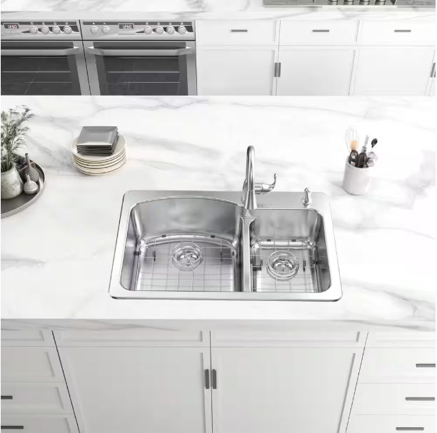 Glacier Bay Bratten 33 in. Drop-In 60/40 Double Bowl 18 Gauge Stainless Steel Kitchen Sink with Pull-Down Faucet