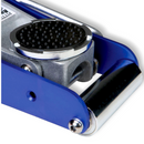 Close-up of floor jack lifting pad with textured surface and durable metal design